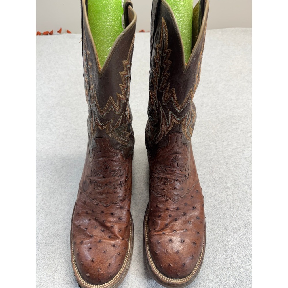 Lucchese 2000 Ostrich Leather Western Cowboy Boots Men's 12D Brown Vintage Y2K